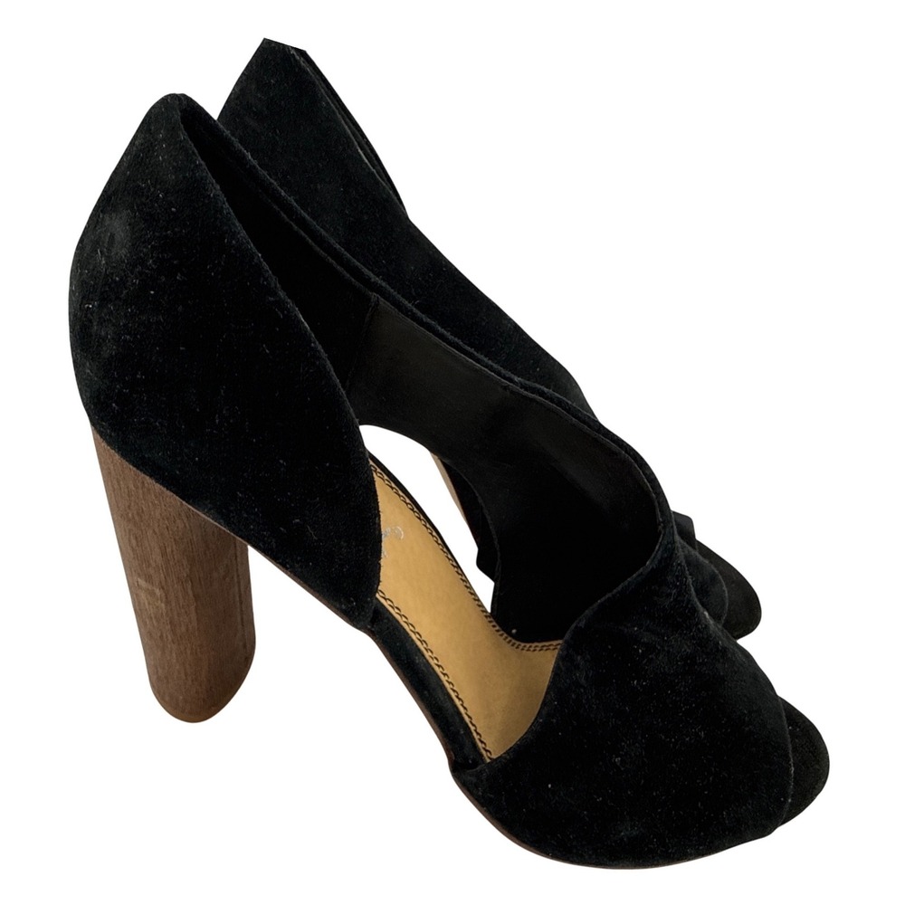 Splendid Black Suede Peep Toe D'Orsay Chunky Stacked Heel Pump Sandals Size 10